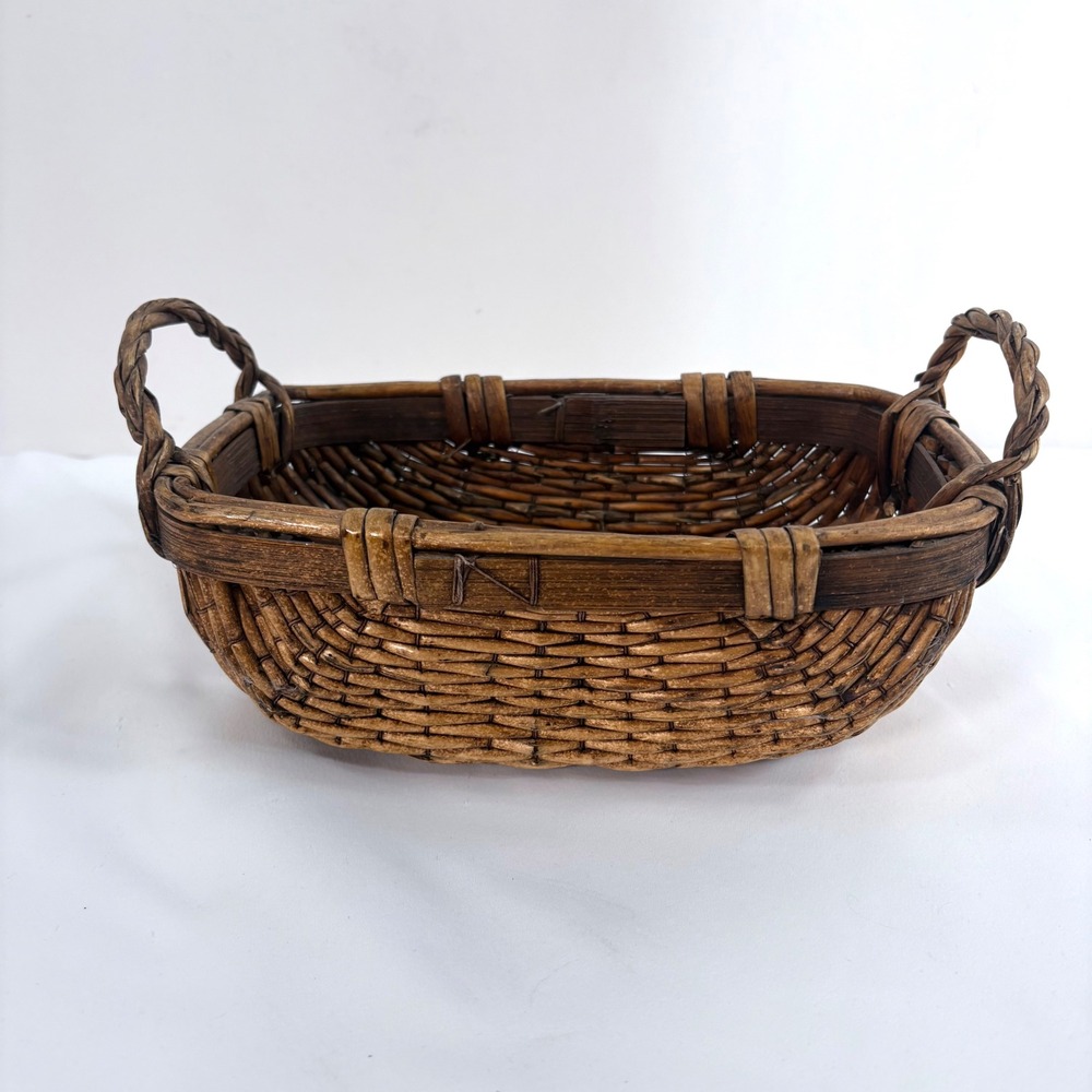 Vintage Chinese Woven Willow Basket Brown Woven Handles Wabi-Sabi